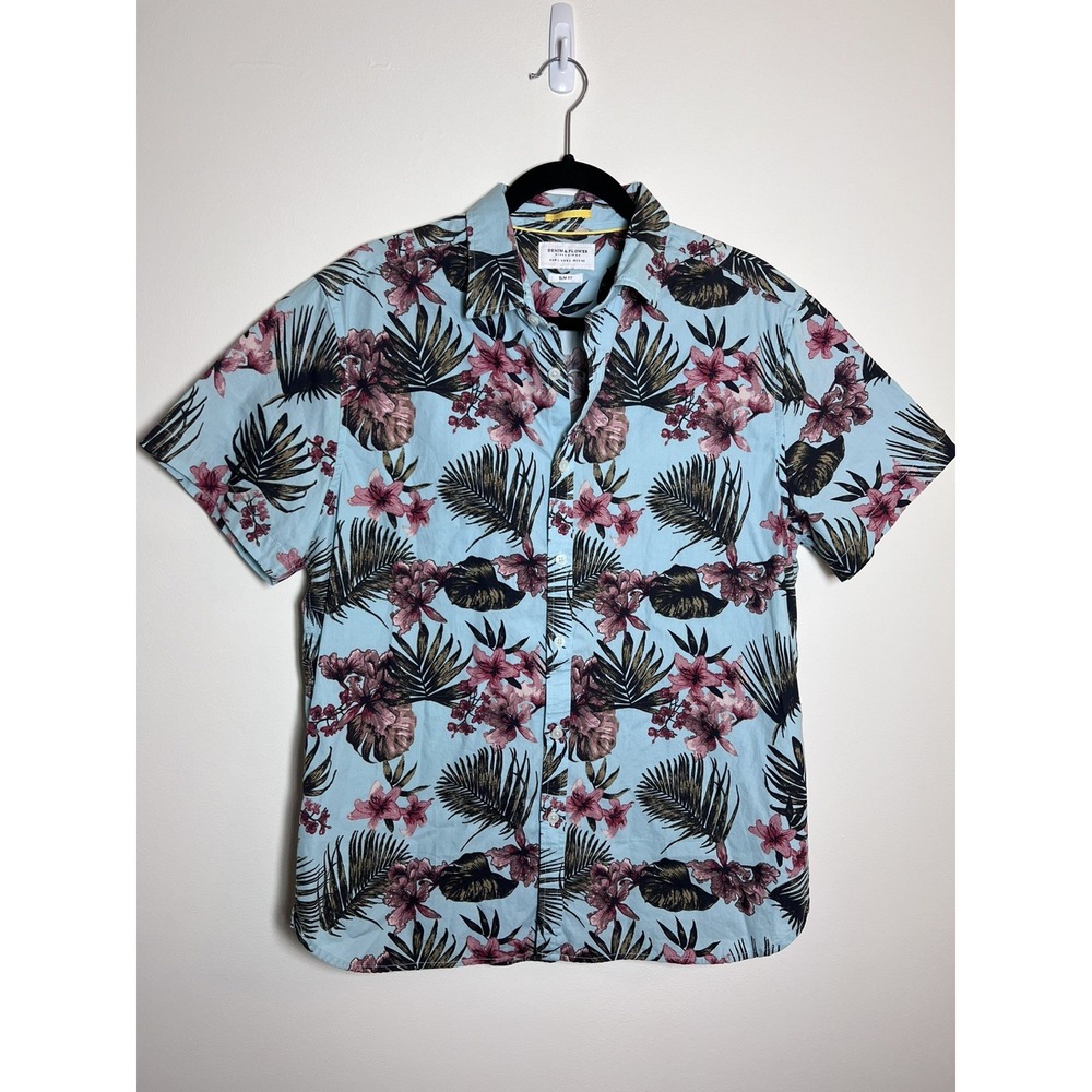 Denim & Flower Ricky Singh Shirt Mens L Slim Fit Floral Hawaiian Button Up